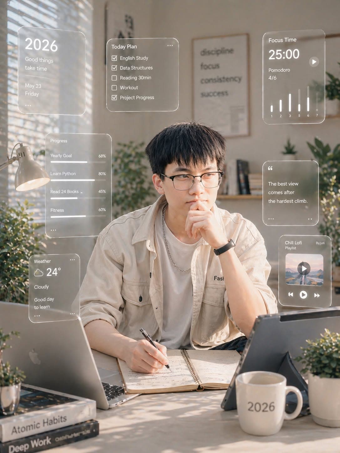 Mạnh Hùng đeo kính, ngồi viết bên bàn làm việc, với các chi tiết đồ họa về học tập xung quanh.